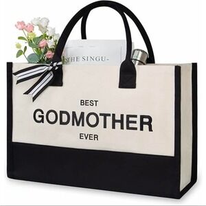 TOPDesign Best Godmother Ever Canvas Tote Bag Black Cream 100% Cotton NWT